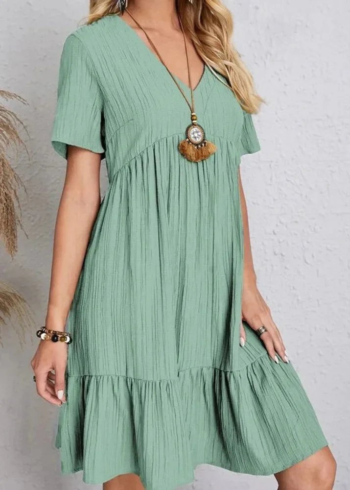 V-Neck Short Sleeve Textured Tiered Babydoll Mini Dress 10