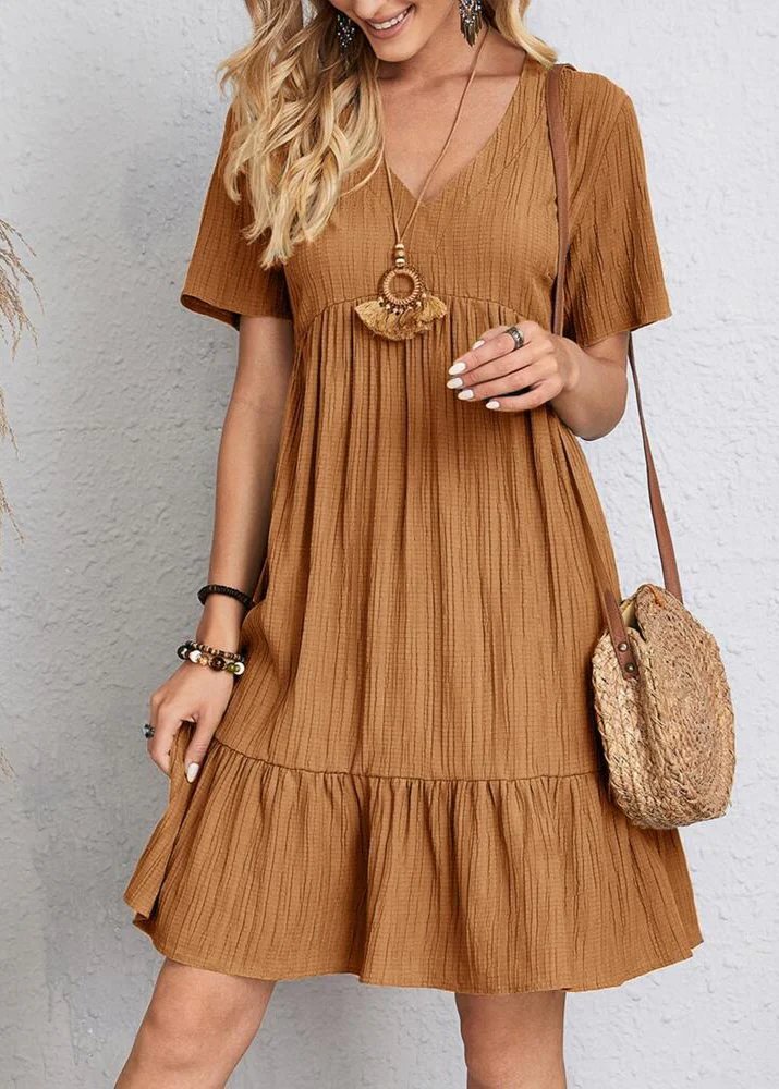 V-Neck Short Sleeve Textured Tiered Babydoll Mini Dress 11