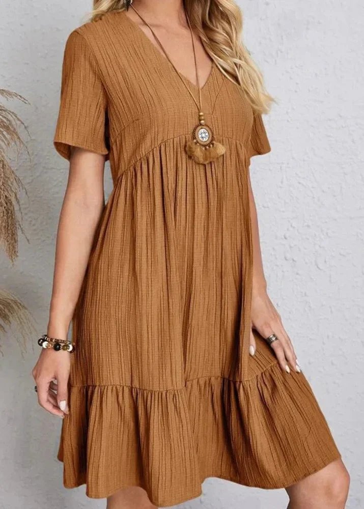 V-Neck Short Sleeve Textured Tiered Babydoll Mini Dress 12