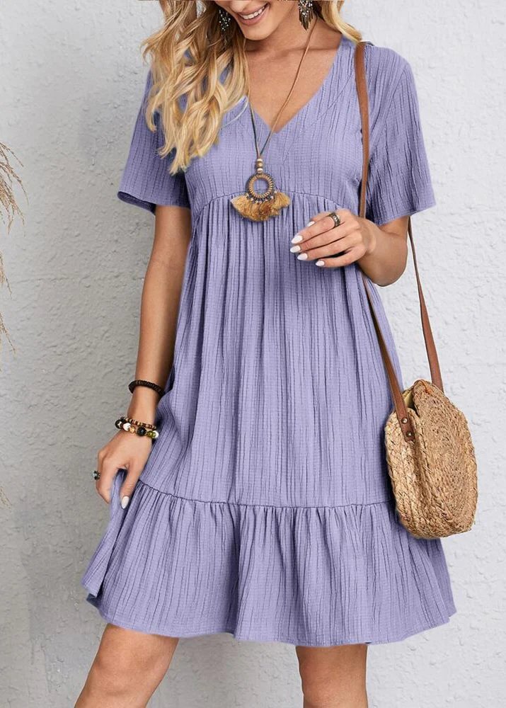 V-Neck Short Sleeve Textured Tiered Babydoll Mini Dress 13
