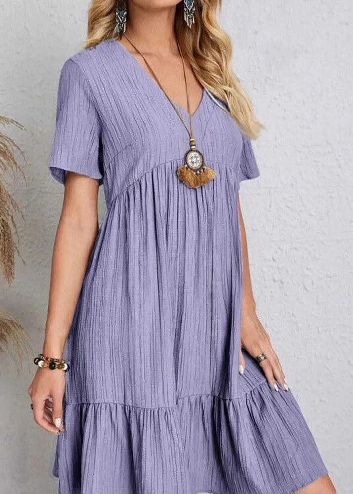 V-Neck Short Sleeve Textured Tiered Babydoll Mini Dress 14