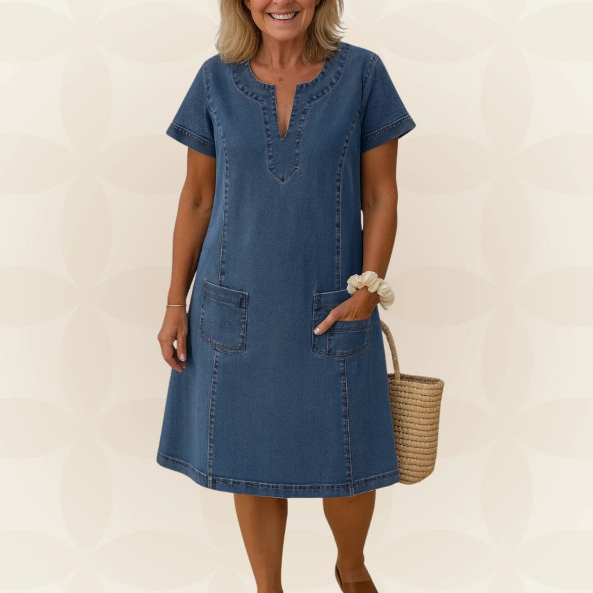 Denim Split Neck Short Sleeve Denim Patch Pocket Shift Midi Dress