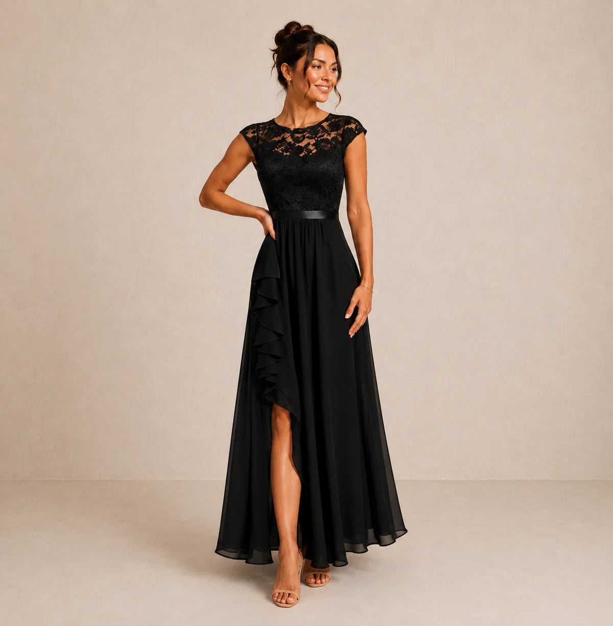 Round Neck Lace Bodice Cap Sleeve Ruffle High Slit Maxi Gown
