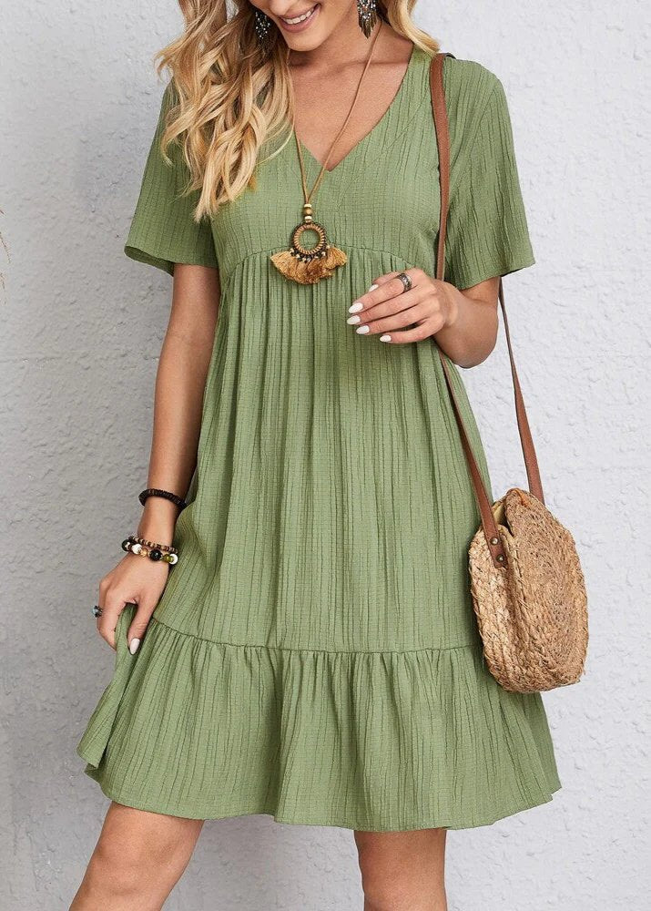 V-Neck Short Sleeve Textured Tiered Babydoll Mini Dress