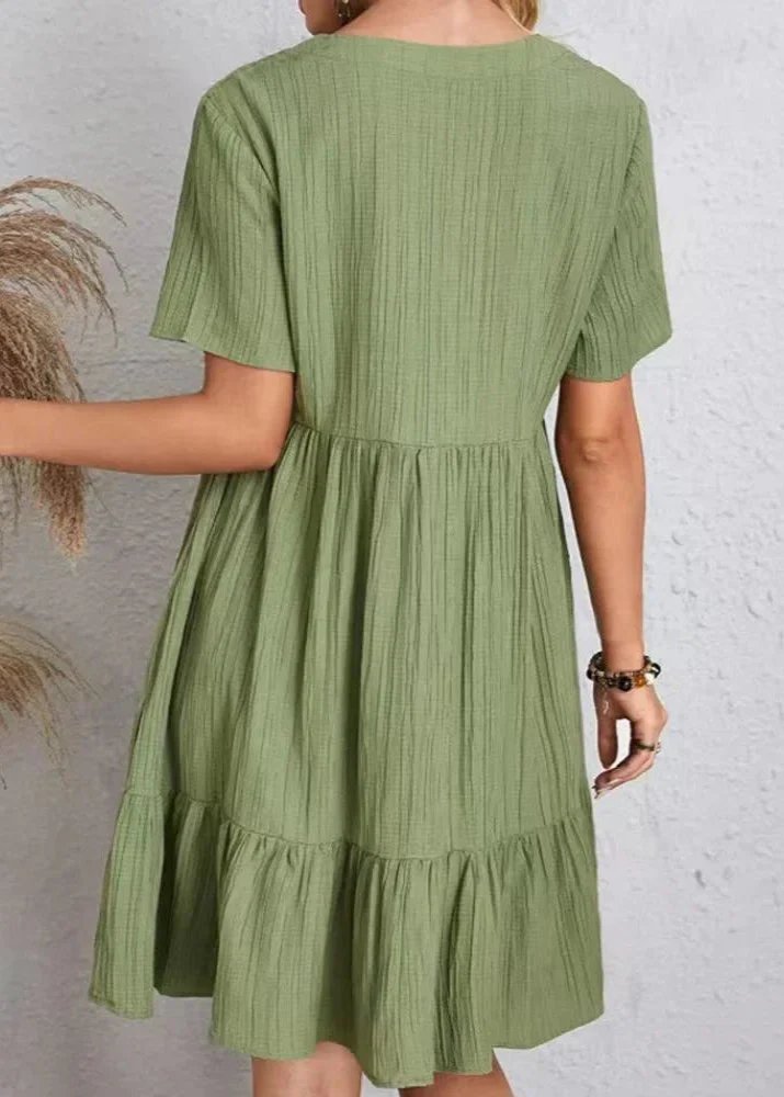 V-Neck Short Sleeve Textured Tiered Babydoll Mini Dress 2