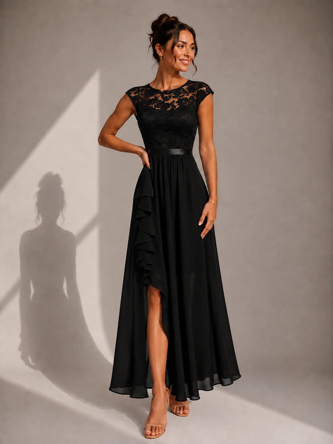Round Neck Lace Bodice Cap Sleeve Ruffle High Slit Maxi Gown 2