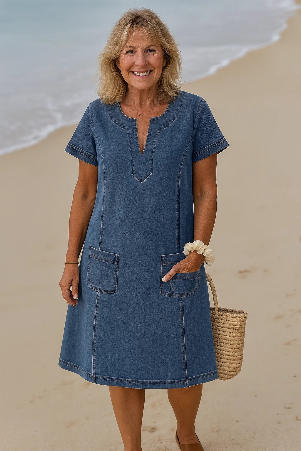 Denim Split Neck Short Sleeve Denim Patch Pocket Shift Midi Dress 2
