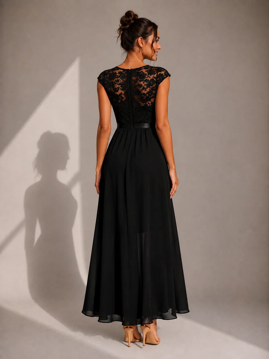 Round Neck Lace Bodice Cap Sleeve Ruffle High Slit Maxi Gown 3
