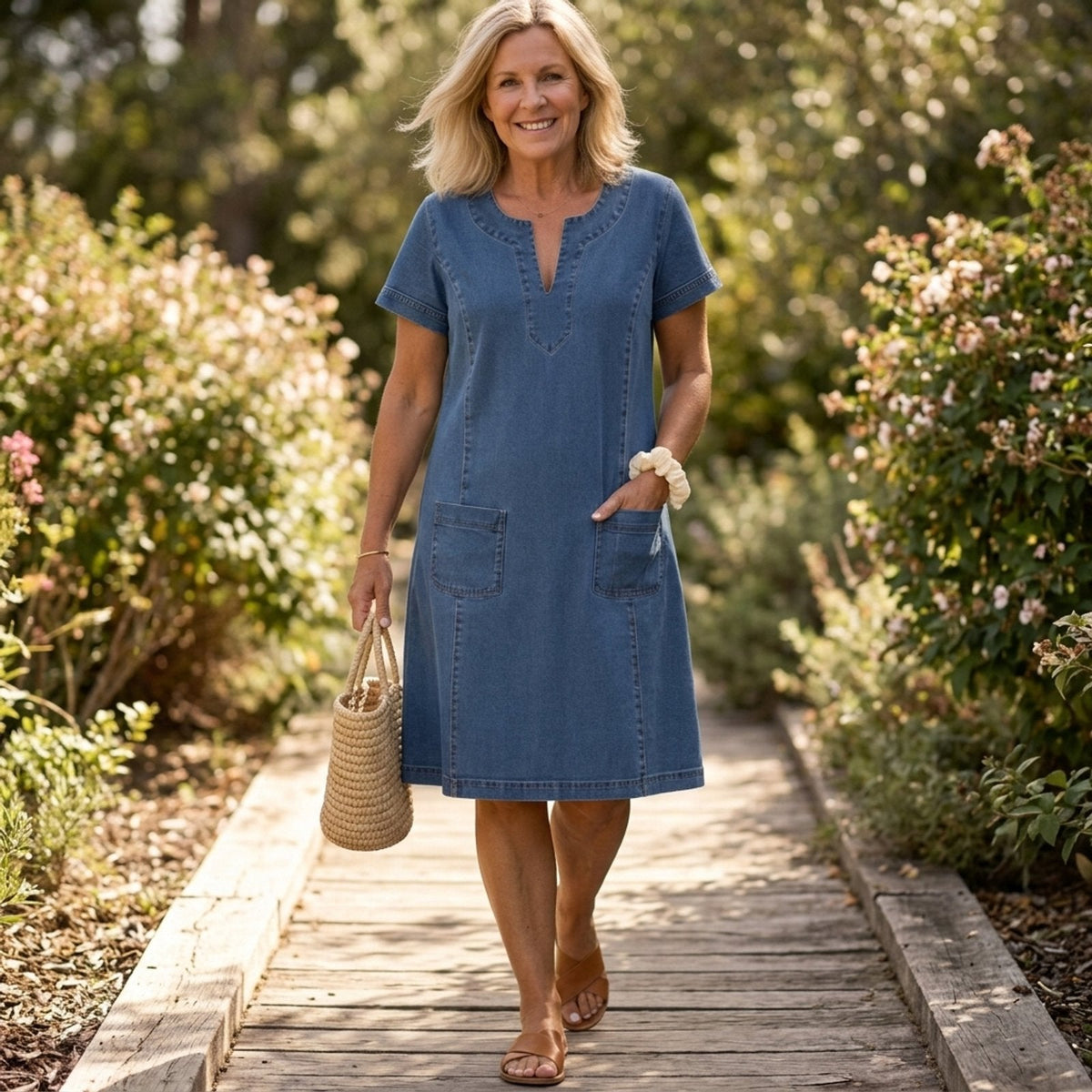 Denim Split Neck Short Sleeve Denim Patch Pocket Shift Midi Dress 4