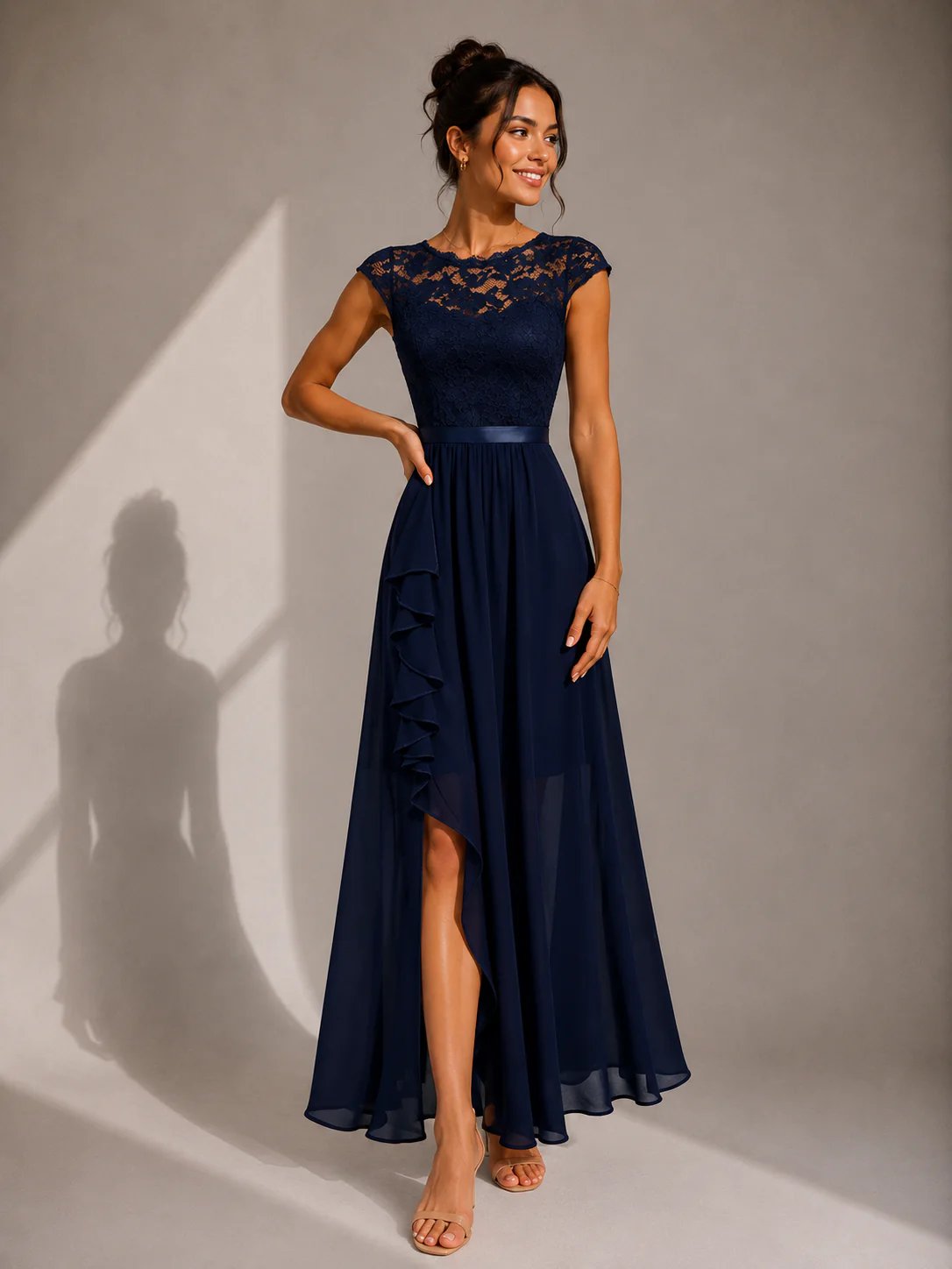 Round Neck Lace Bodice Cap Sleeve Ruffle High Slit Maxi Gown 4