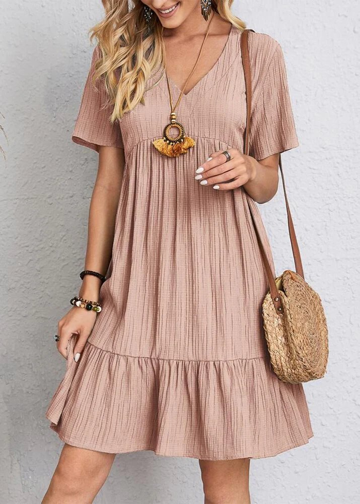 V-Neck Short Sleeve Textured Tiered Babydoll Mini Dress 5