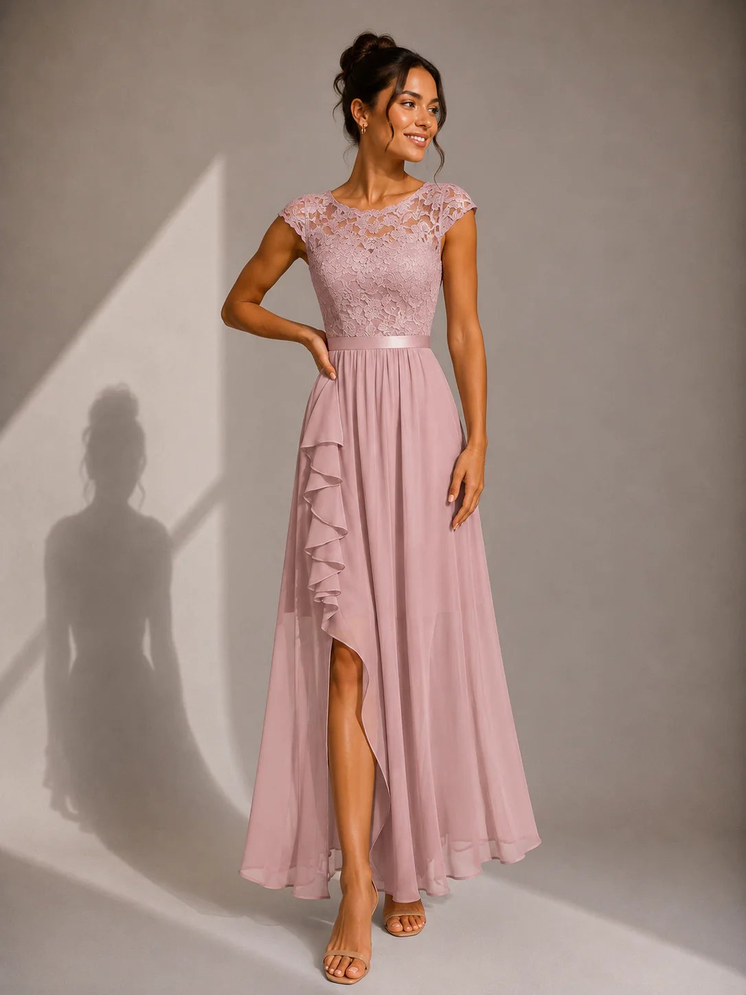 Round Neck Lace Bodice Cap Sleeve Ruffle High Slit Maxi Gown 6