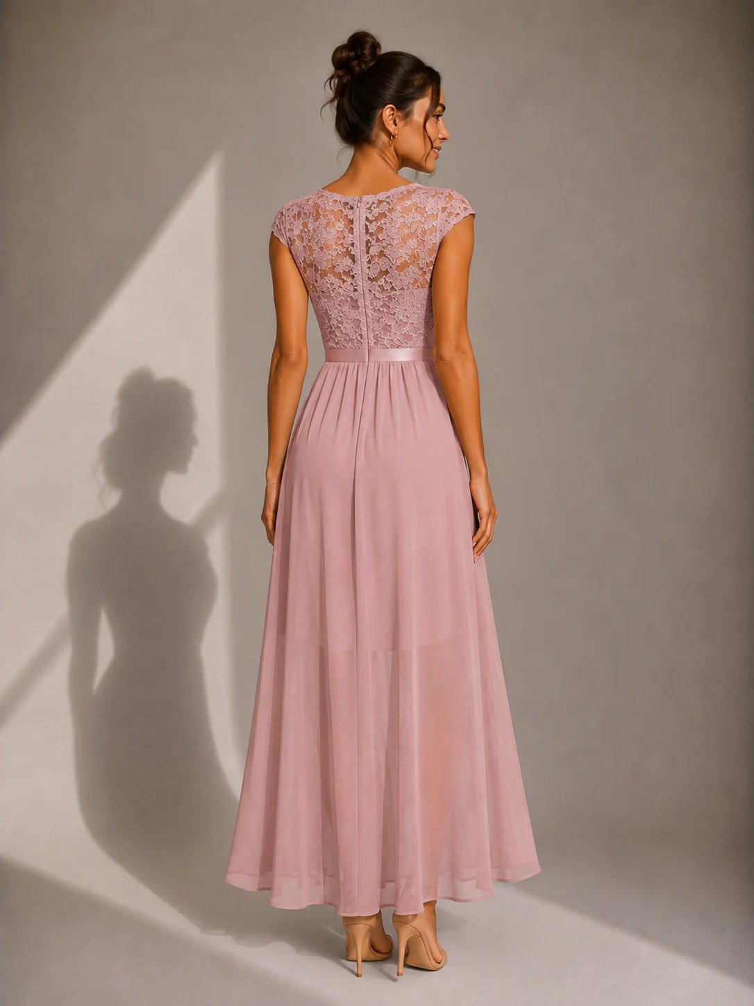 Round Neck Lace Bodice Cap Sleeve Ruffle High Slit Maxi Gown 7