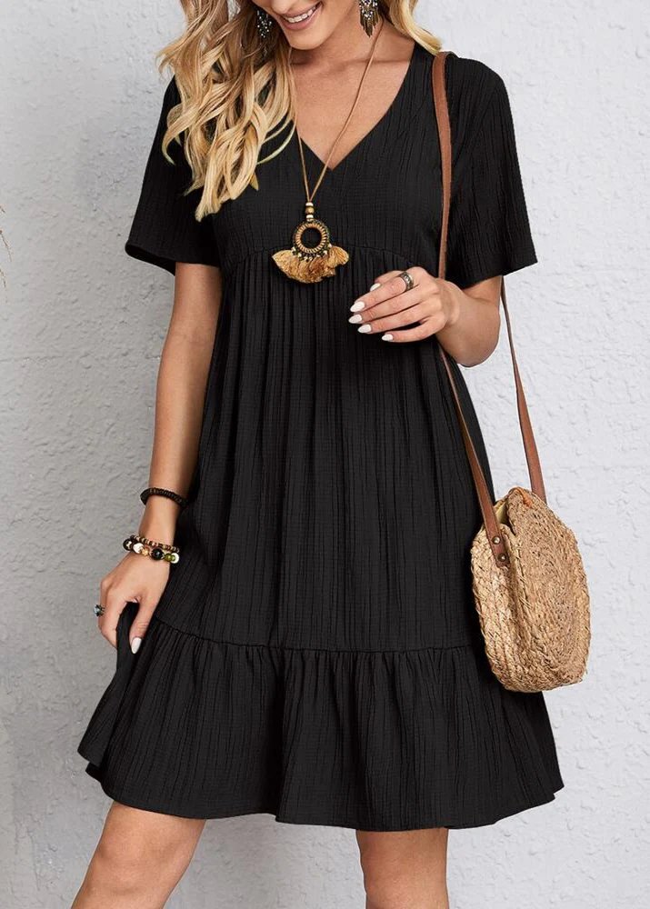 V-Neck Short Sleeve Textured Tiered Babydoll Mini Dress 7