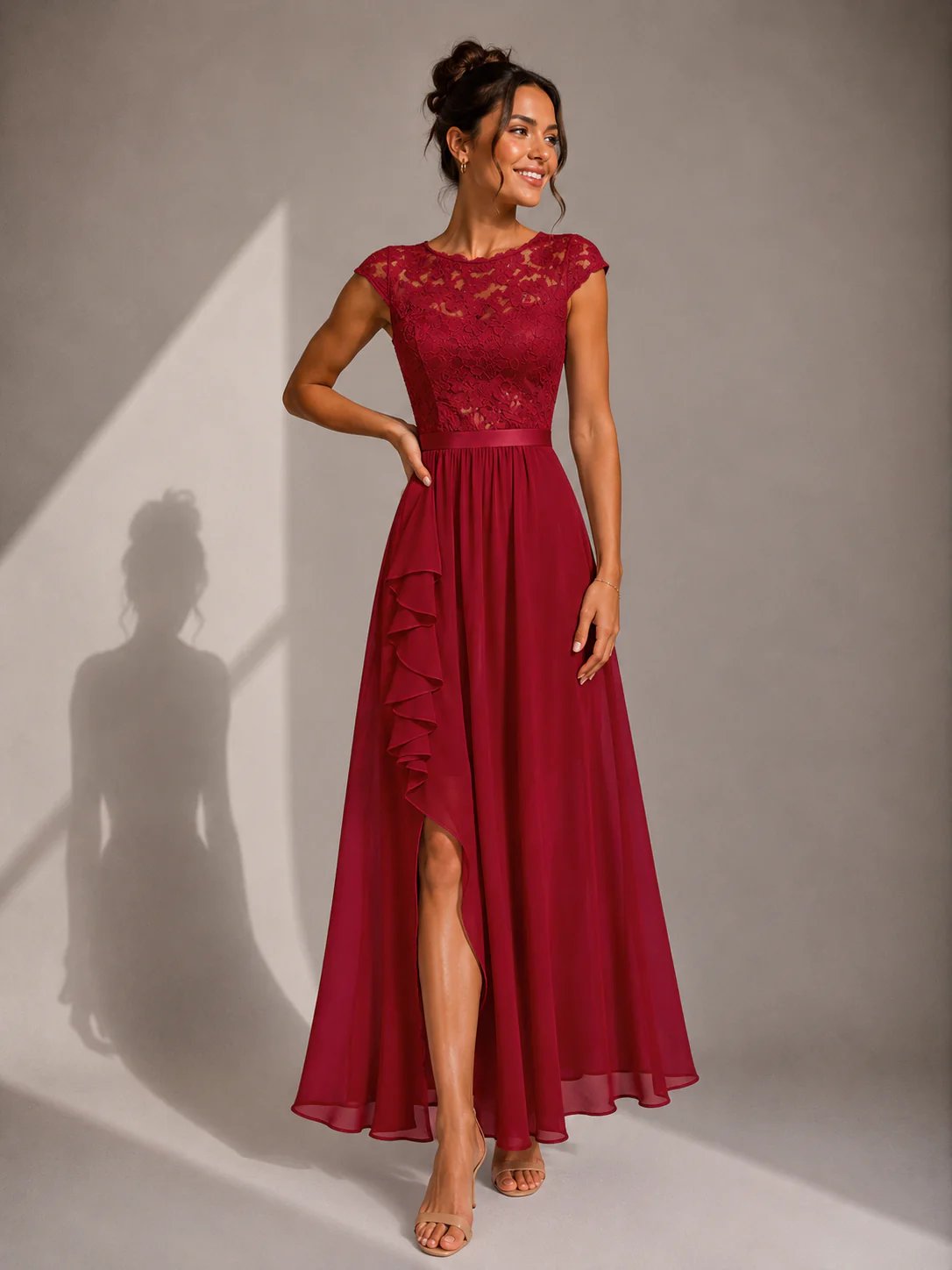 Round Neck Lace Bodice Cap Sleeve Ruffle High Slit Maxi Gown 8