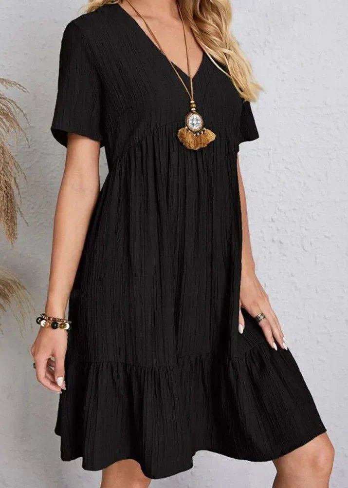 V-Neck Short Sleeve Textured Tiered Babydoll Mini Dress 8