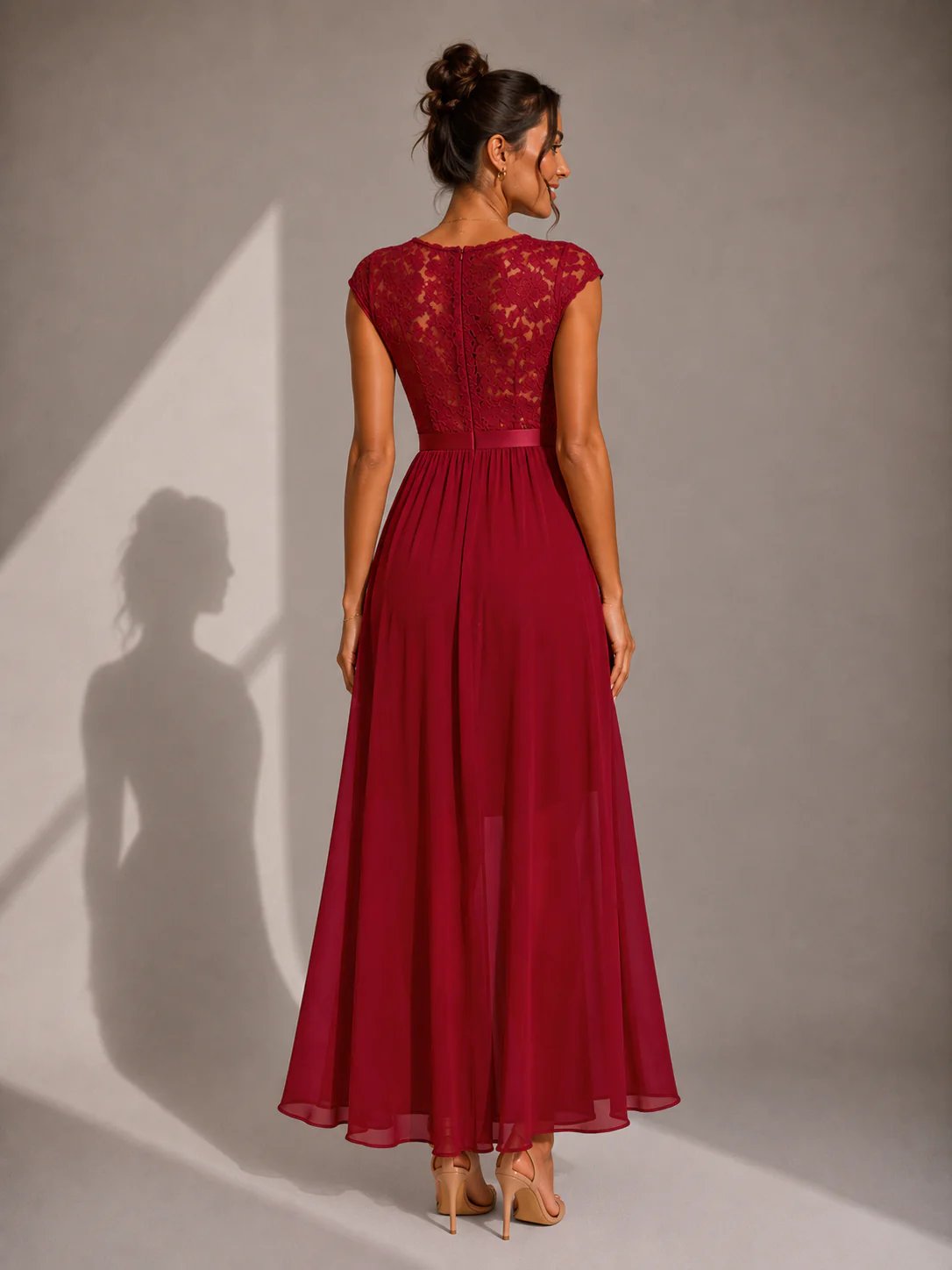 Round Neck Lace Bodice Cap Sleeve Ruffle High Slit Maxi Gown 9