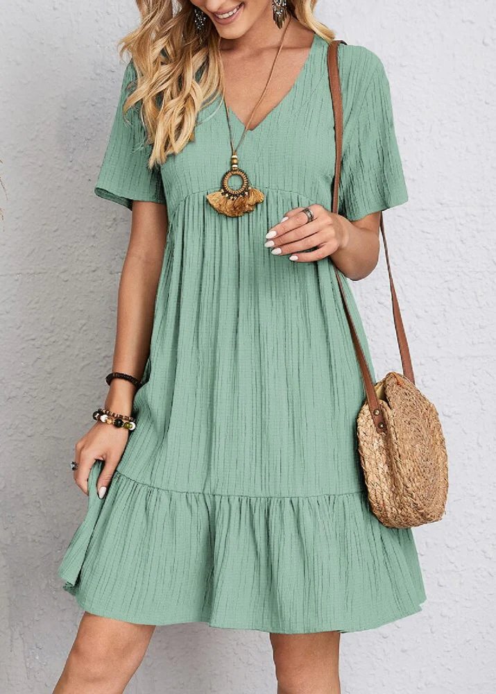 V-Neck Short Sleeve Textured Tiered Babydoll Mini Dress 9
