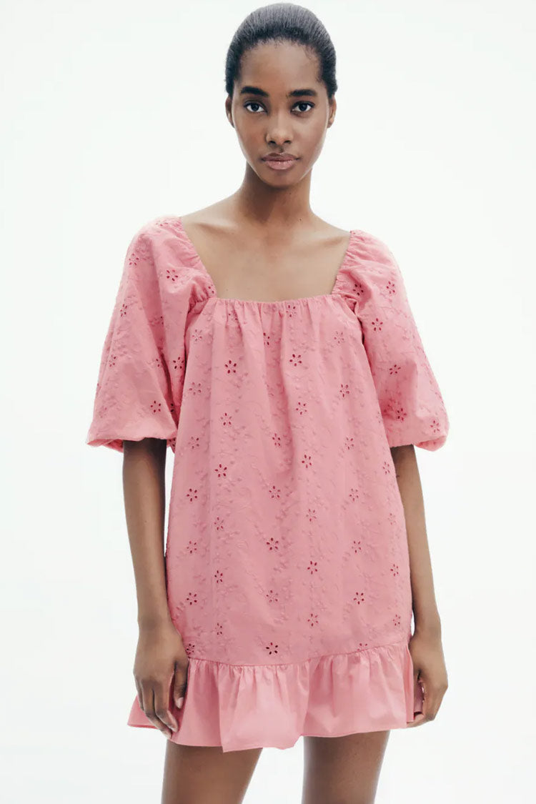 Pink Square Neck Puff Sleeve Broderie Anglaise Ruffle Hem Smock Mini Dress