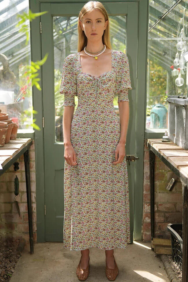 Cream Sweetheart Neck Floral Puff Sleeve Cinch Front High Slit Midi Dress