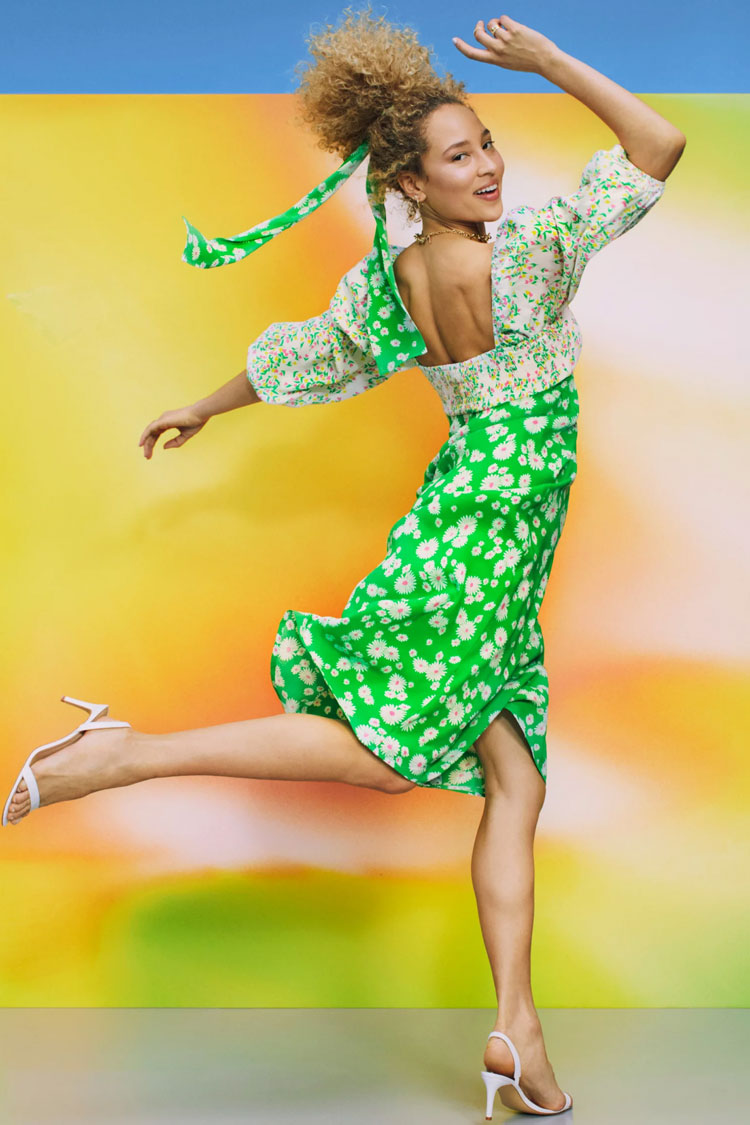 Green Puff Sleeve Open Back Floral Smocked Midi Dress