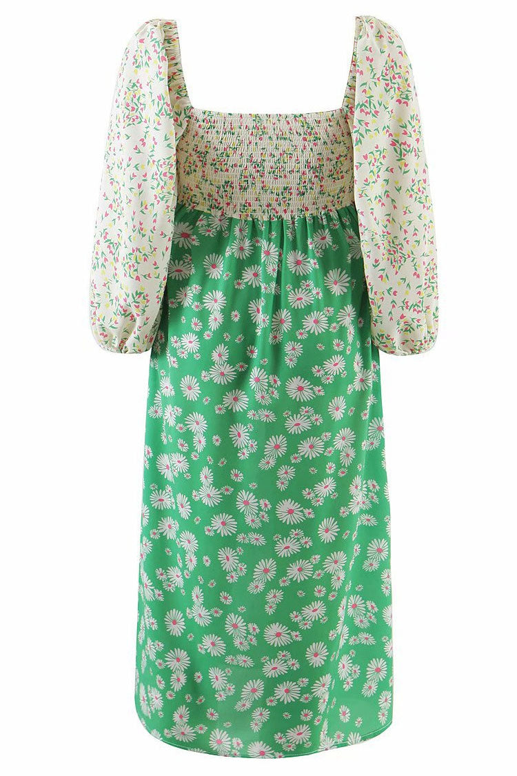 Green Puff Sleeve Open Back Floral Smocked Midi Dress