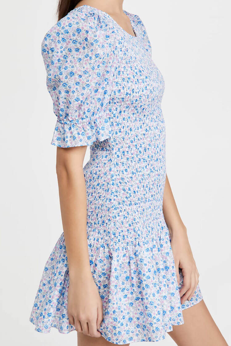 Blue Scoop Neck Puff Sleeve Floral Smocked Tiered Mini Dress