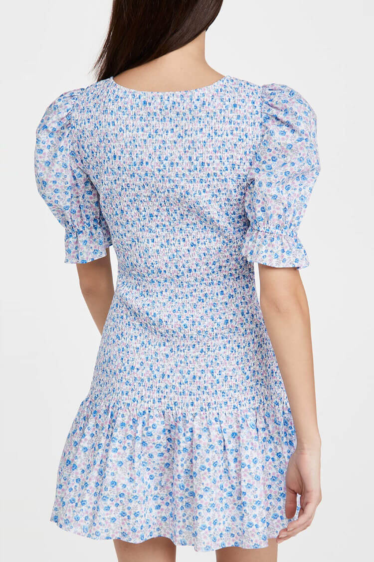 Blue Scoop Neck Puff Sleeve Floral Smocked Tiered Mini Dress