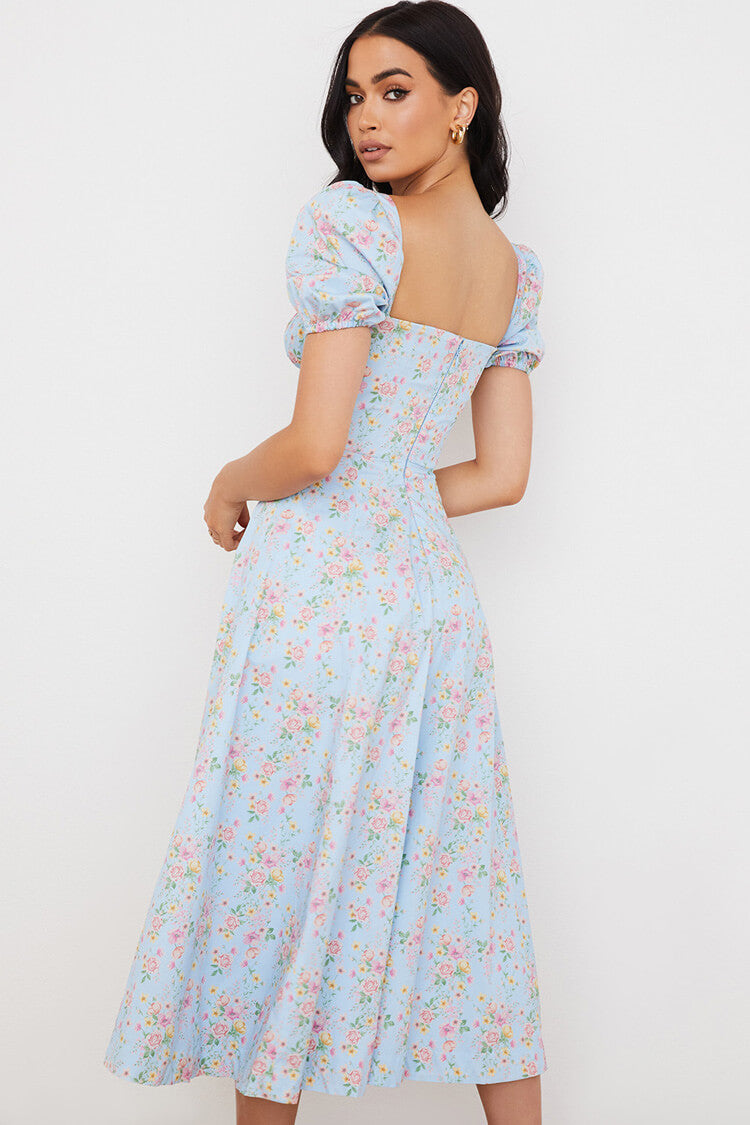 Sky Blue Square Neck Puff Sleeve Floral Tie Front High Slit Midi Dress