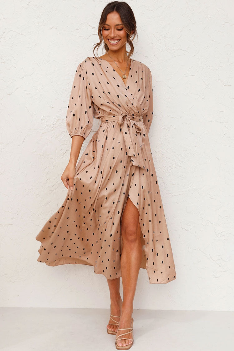 Khaki Puff Sleeve Polka Dot Wrap Tie Waist High Slit Midi Dress