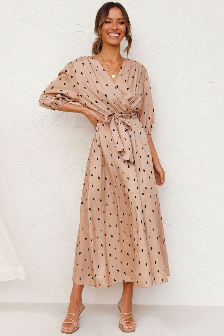 Khaki Puff Sleeve Polka Dot Wrap Tie Waist High Slit Midi Dress