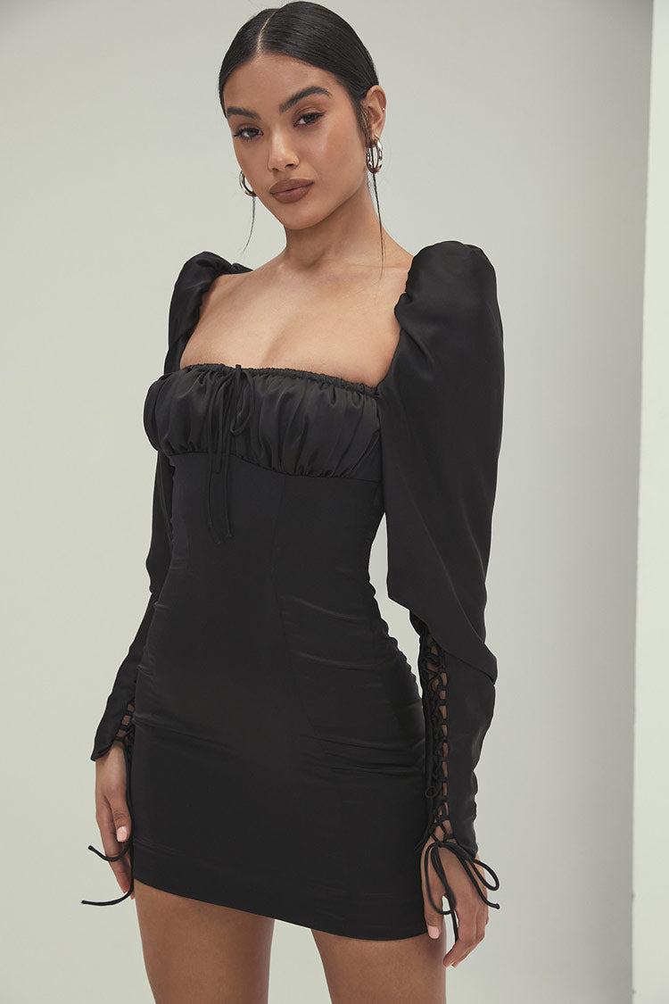 Black Square Neck Puff Sleeve Lace Up Bodycon Mini Dress