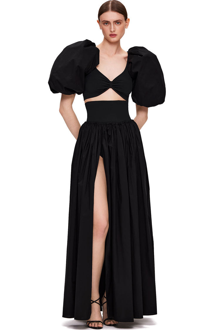 Black Puff Sleeve Crop Top High Slit Maxi Skirt Set