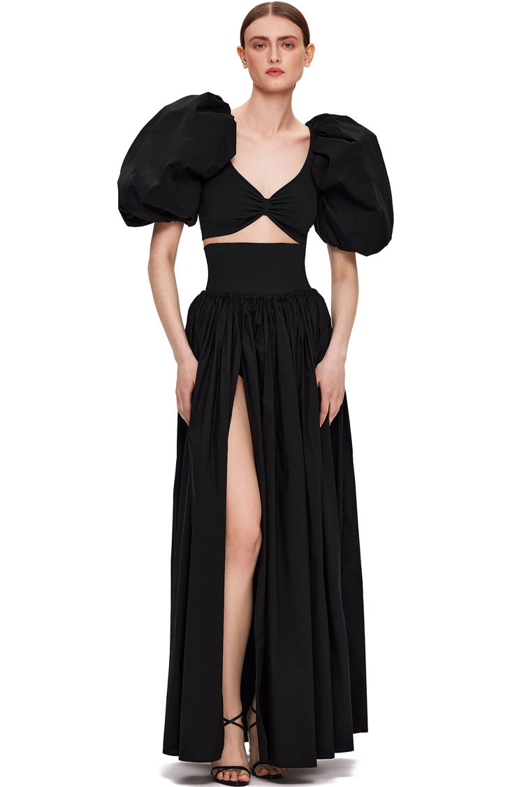 Black Puff Sleeve Crop Top High Slit Maxi Skirt Set