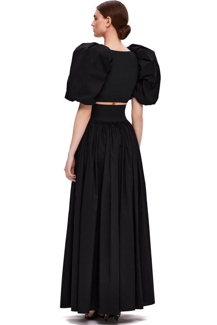Black Puff Sleeve Crop Top High Slit Maxi Skirt Set