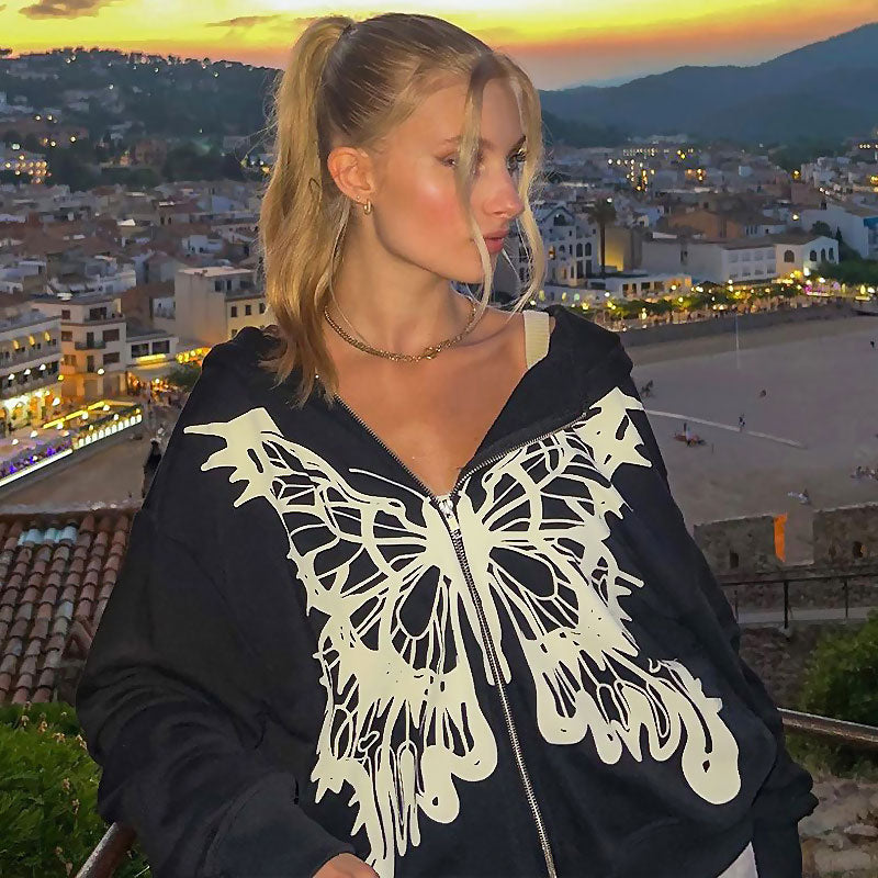 Black Butterfly Print Zip Front Drop Shoulder Long Sleeve Hoodie
