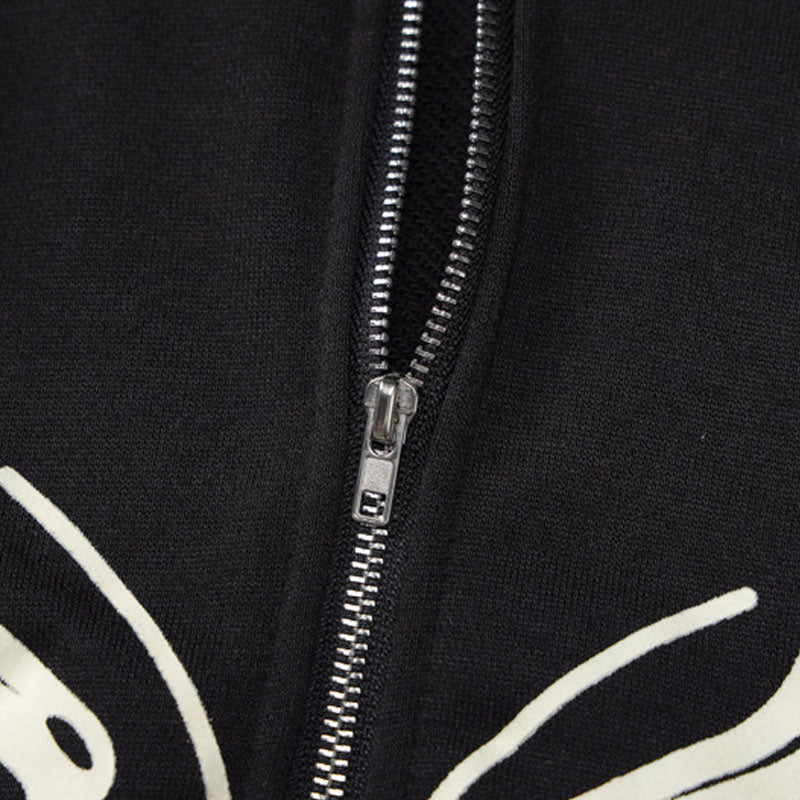 Black Butterfly Print Zip Front Drop Shoulder Long Sleeve Hoodie