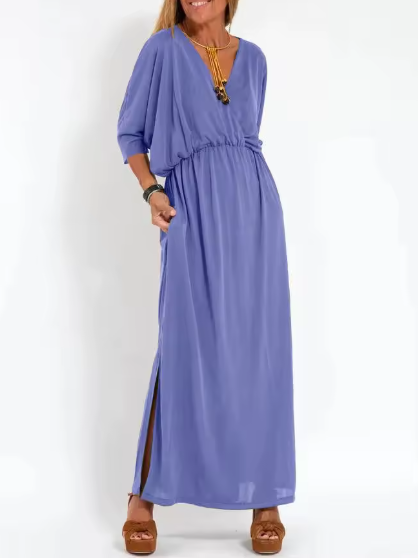 Surplice V-Neck Dolman Sleeve Elastic Waist Flowy Maxi Dress 4