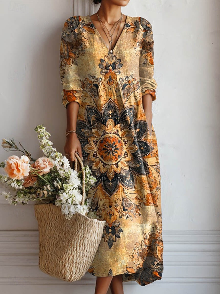 Dress V-Neck Long Sleeve Mandala Print Shift Maxi Dress