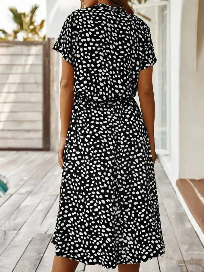 Collared Leopard Print Short Sleeve Drawstring Waist A-Line Midi Dress 14