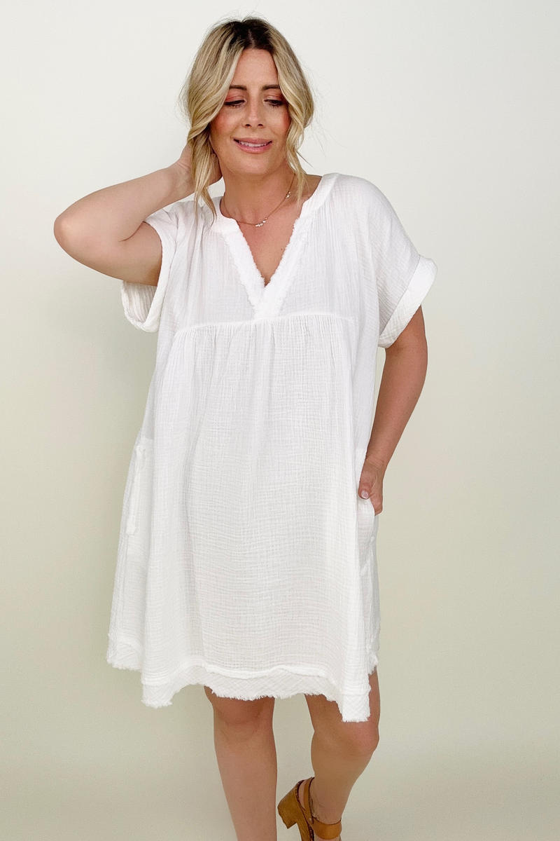 V-Neck Short Sleeve Gauze Raw Edge Babydoll Mini Dress