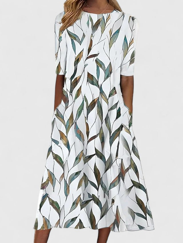 Round Neck Botanical Branch Print Short Sleeve Pocket A-Line Midi Dress