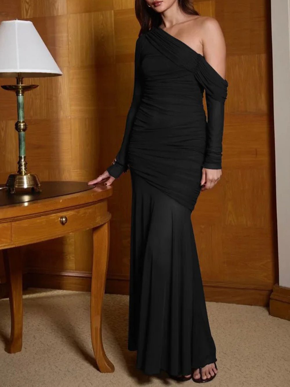 One Shoulder Long Sleeve Ruched Overlay Sheer Skirt Maxi Dress 6