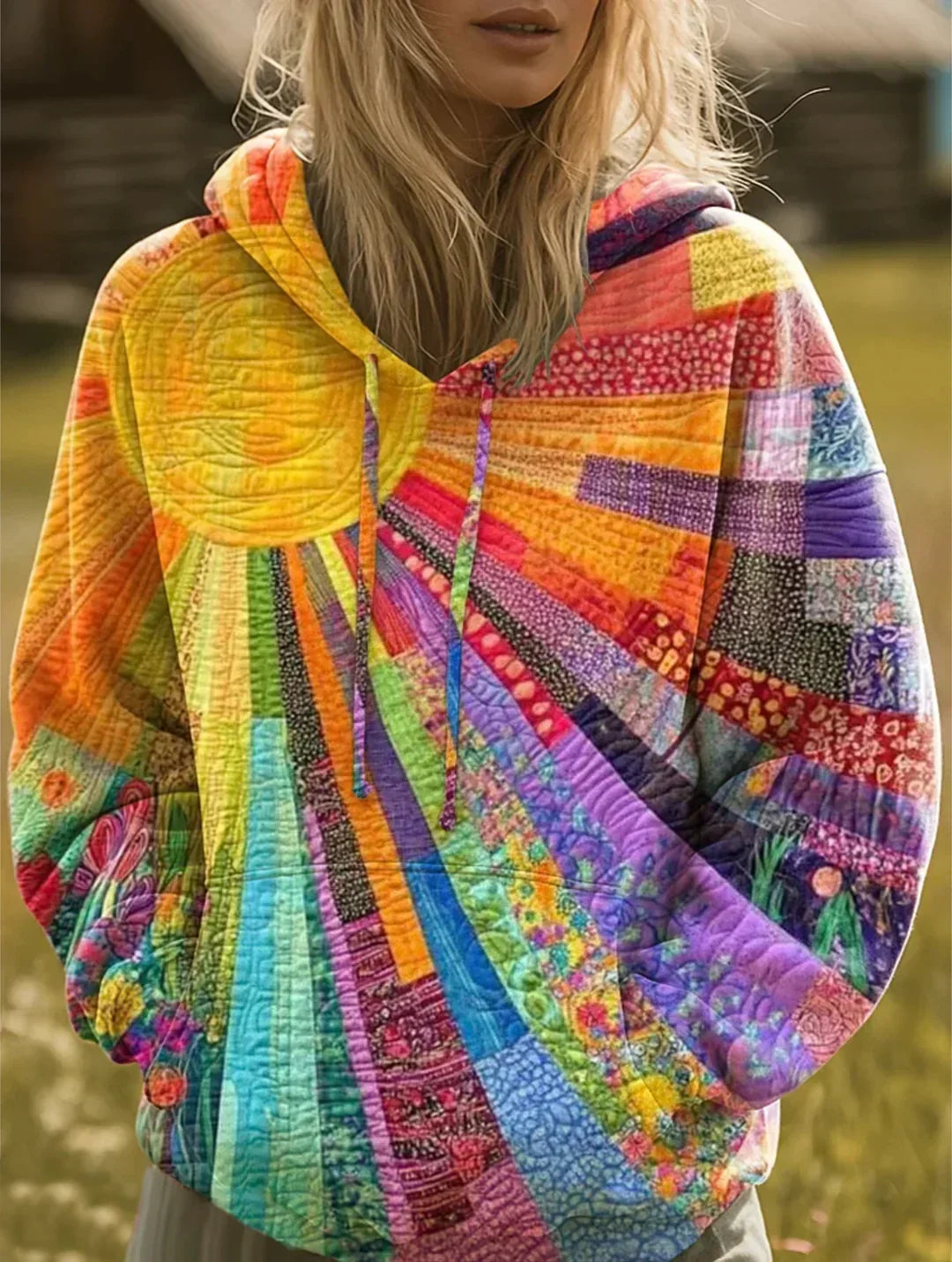 Multicolour Hooded Patchwork Sunburst Print Drawstring Long Sleeve Hoodie