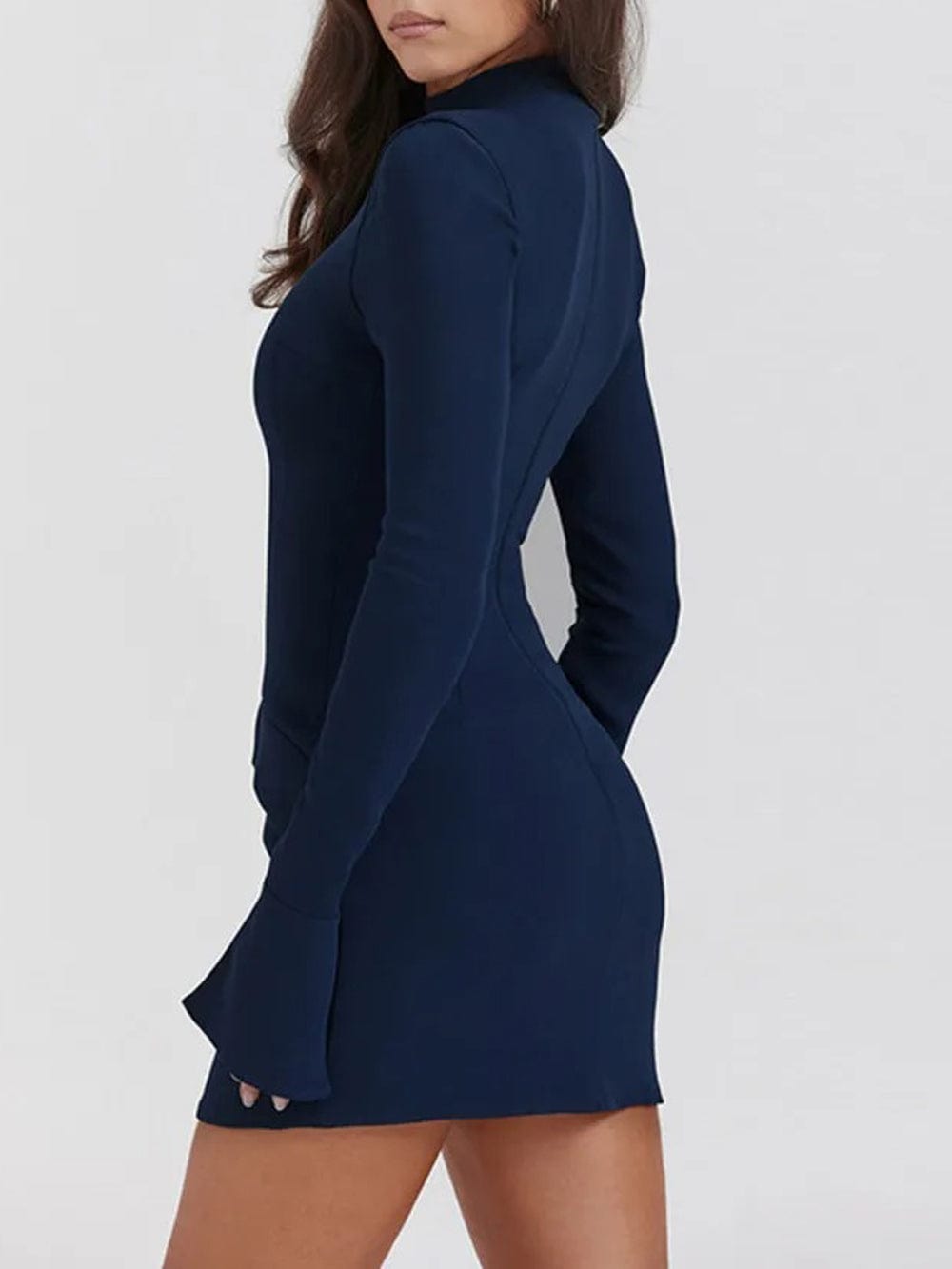 Blue Mock Neck Long Sleeve Architectural Flap Bodycon Mini Dress 2