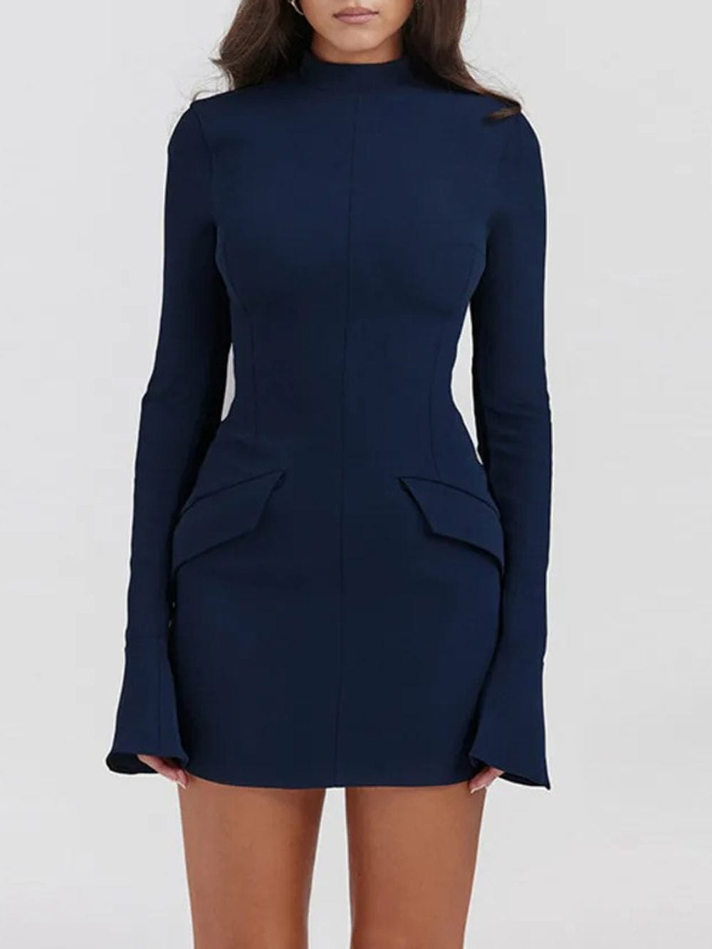Blue Mock Neck Long Sleeve Architectural Flap Bodycon Mini Dress 4