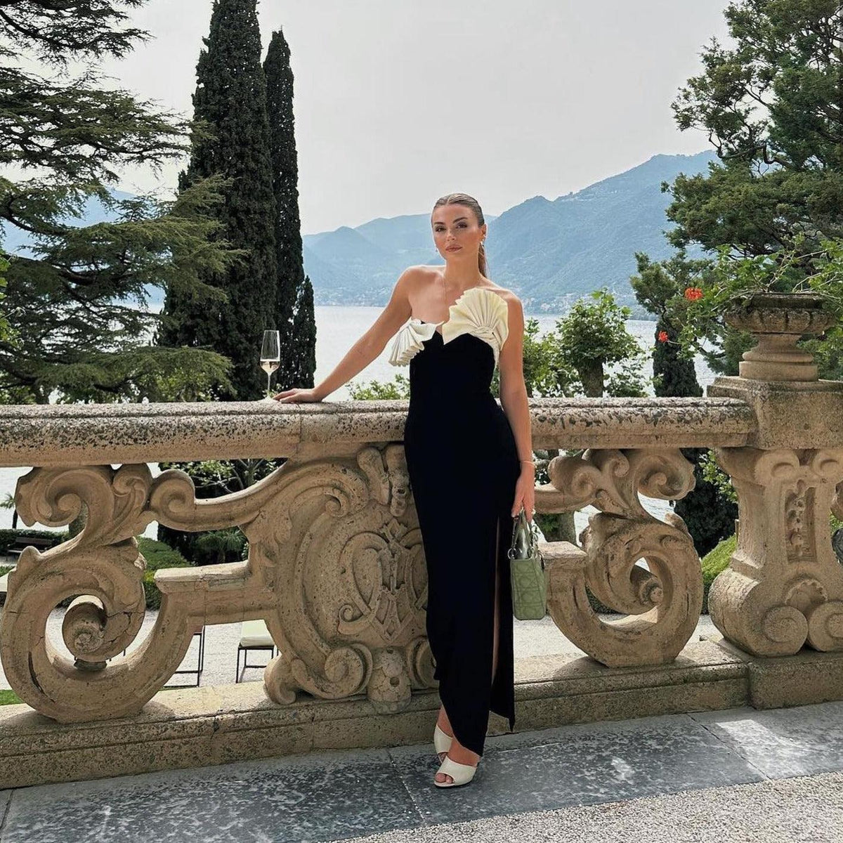 Black Strapless Contrast Ruffle Bow High Slit Column Maxi Gown