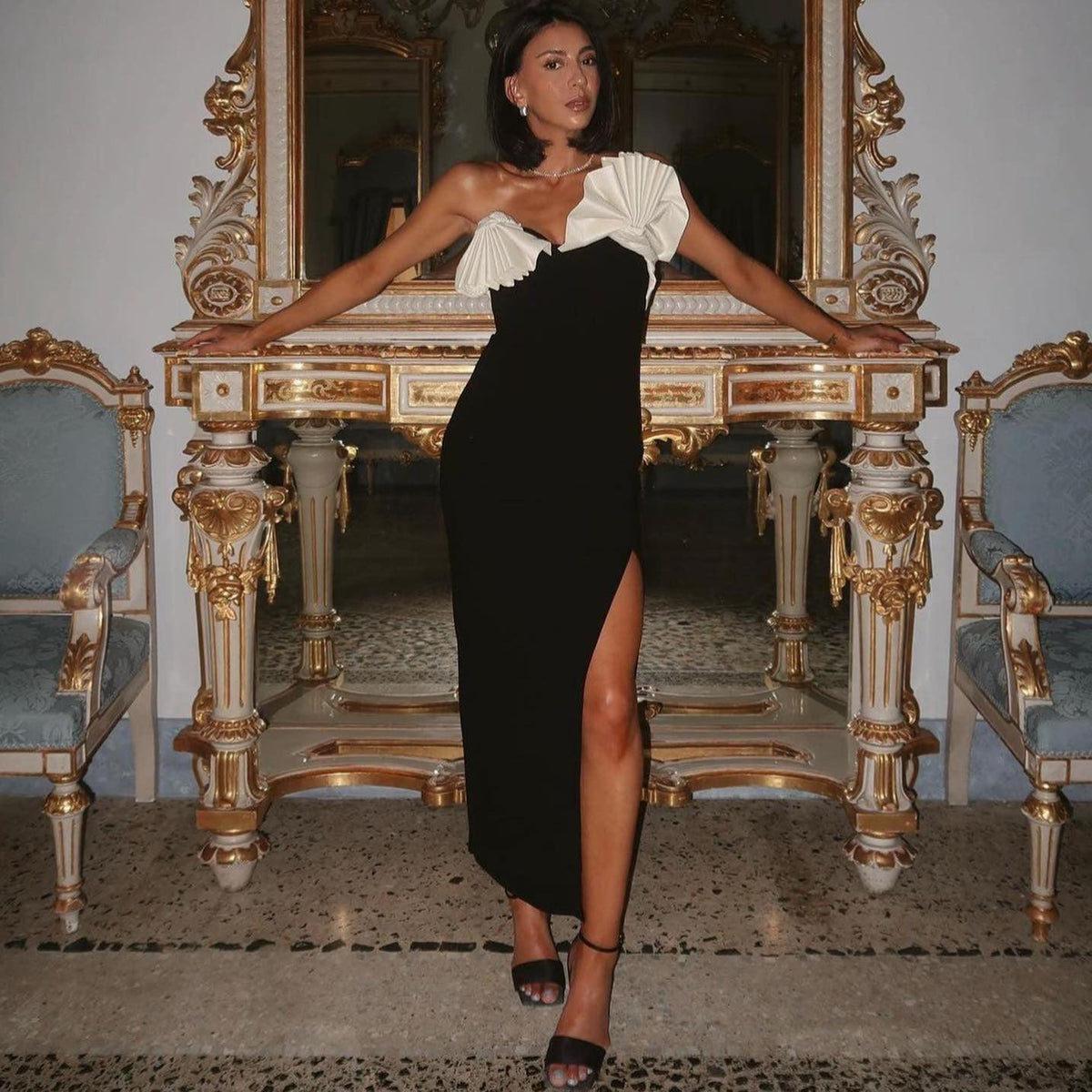 Black Strapless Contrast Ruffle Bow High Slit Column Maxi Gown