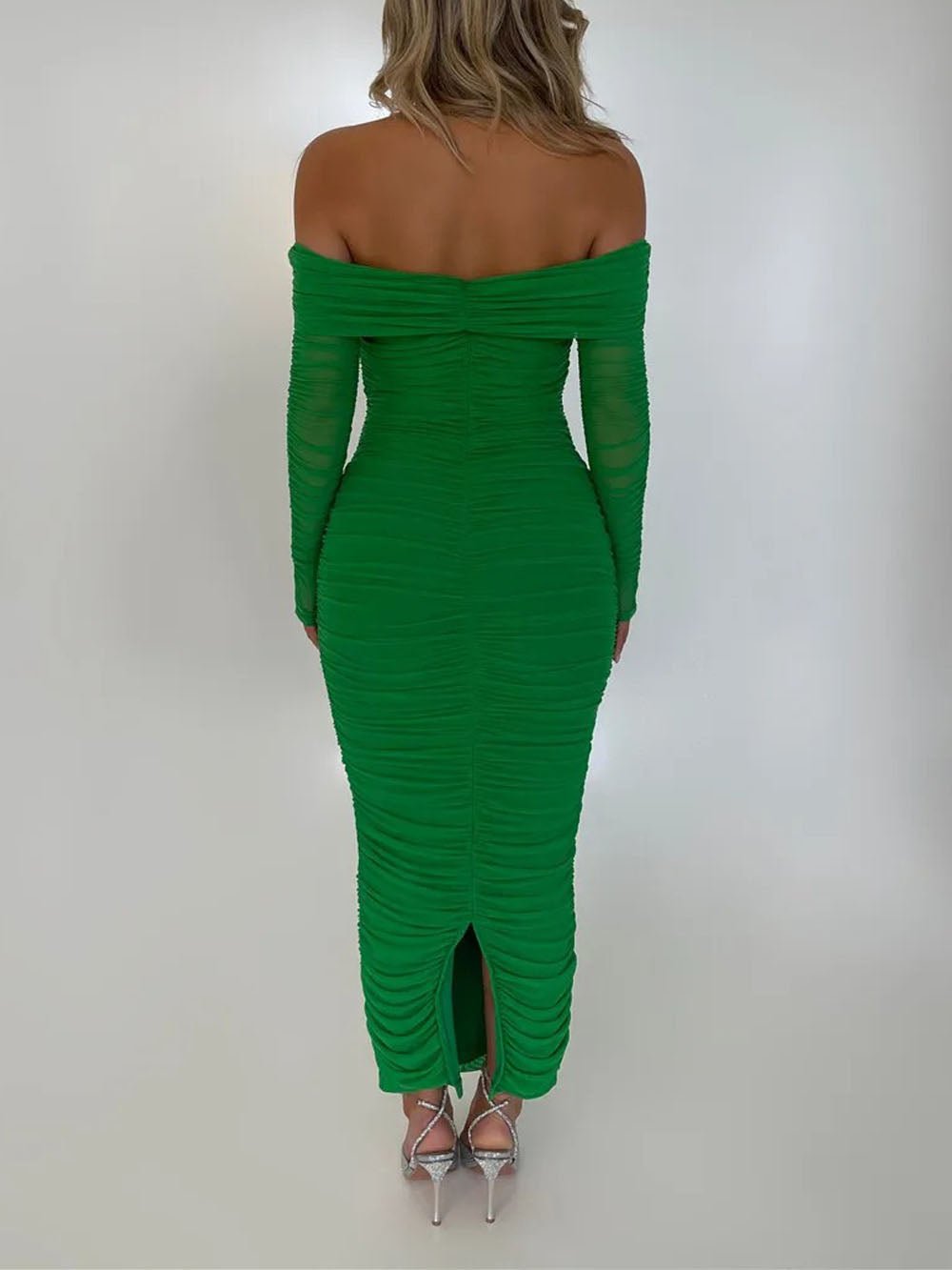 Mesh Off Shoulder Long Sleeve Ruched Bodycon Column Maxi Dress 9