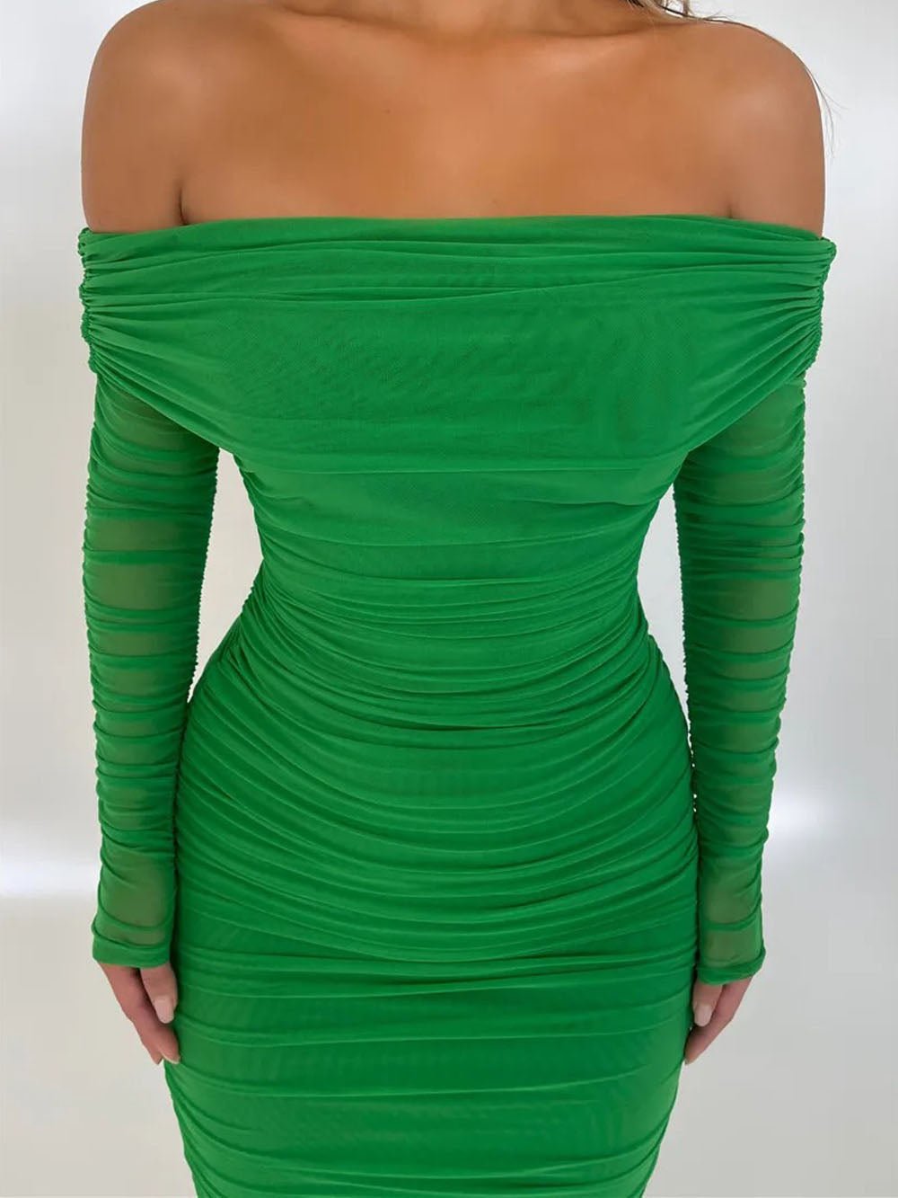 Mesh Off Shoulder Long Sleeve Ruched Bodycon Column Maxi Dress 11